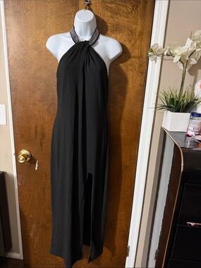 SHEIN Black Beaded Halter Maxi Dress with Front Slit